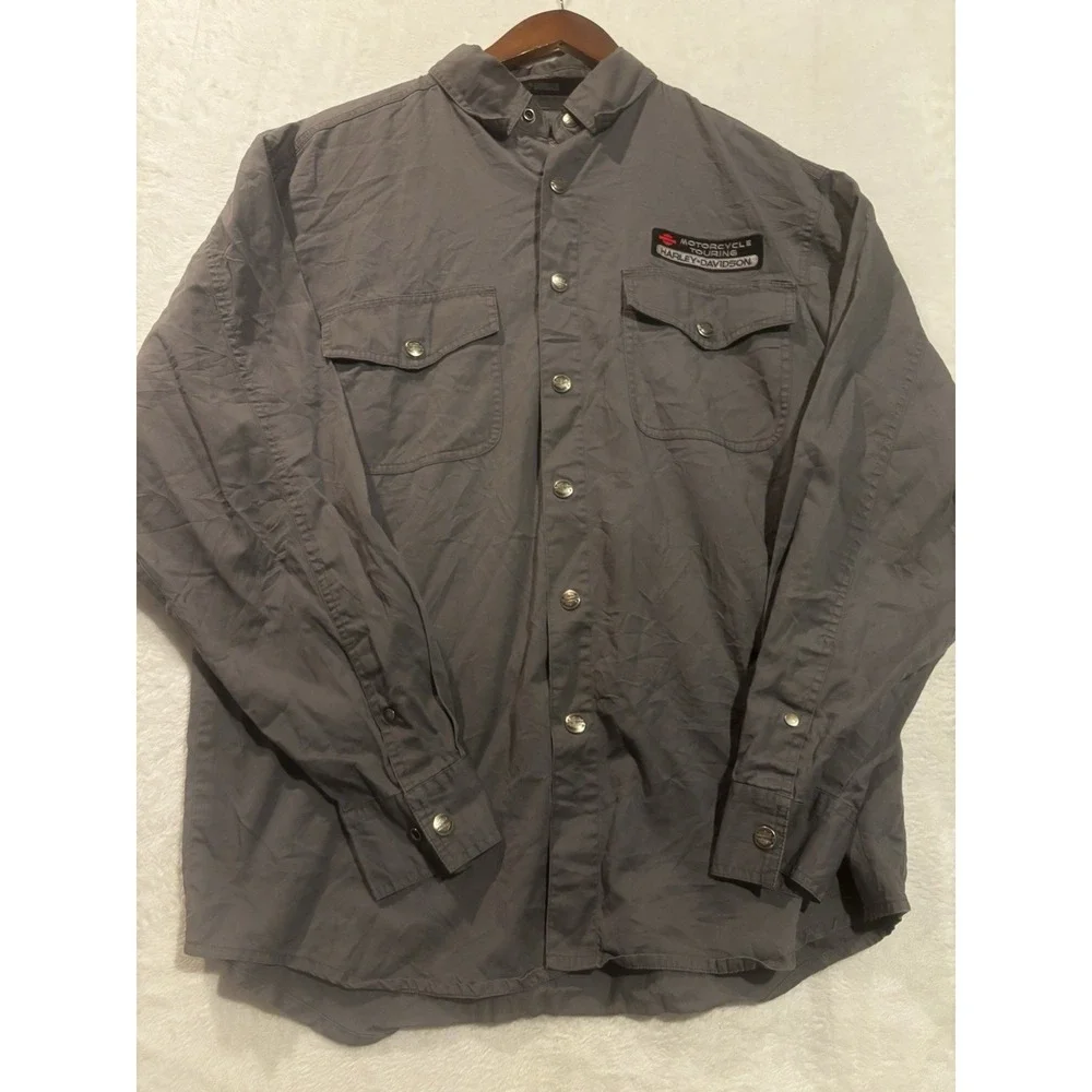 Harley Davidson‎ Shirt Mens Medium Touring Wolf Embroidered Button Up  Gray